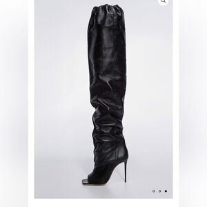 Elegant Black Over-the-Knee Peep-Toe Stiletto Boots. Size 7